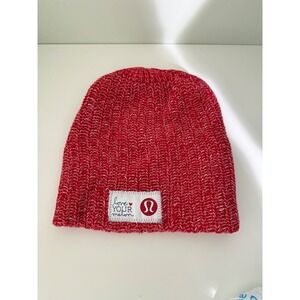 Lululemon Love Your Melon Beanie Hat Red White Marled Knit Ribbed Winter Cap